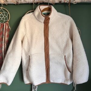 Lands' End Women's Cream Teddy Jacket with Brown Trim